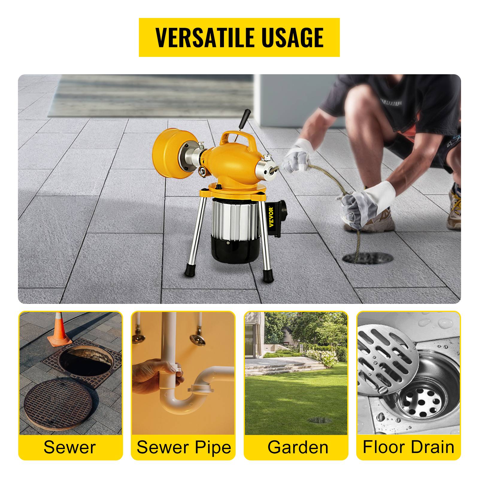 VEVOR Dredge Machine 400W Professional Electric Pipe Plunger Cleaning Tools for Unclogging Sewer and Toilet Sink Pipes